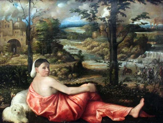 Portrét odpočívající mladé ženy v krajině